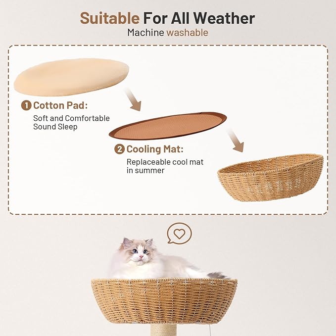 Rattan Cat Climbing Tower Condo with Scratching Post,Capsule,Basket,and Bed Modern Heavy Duty Cat Tree for Indoor Cat Large