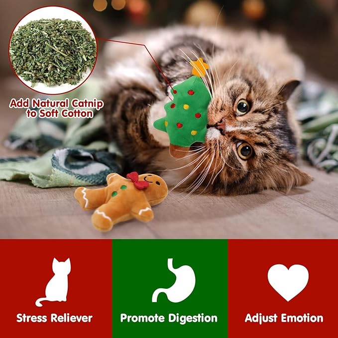 Vansolinne Christmas Catnip Toys, 6Pcs Interactive Cat Chew Toys for Indoor Cats, Bite Resistant Catnip Filled Teething Toy Set, Christmas Cats & Cat Lover Gift