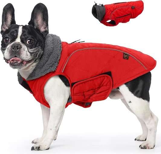 EMUST Winter Dog Coat for Medium Boys - Thick Clothes with Harness Hole for Cold Weather, Red, M