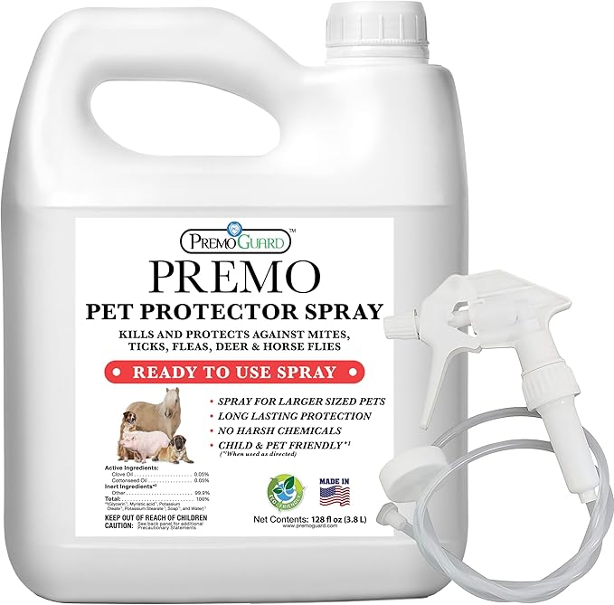 Premo Guard Pet Protector Spray - 128 oz - Kills Mites, Fleas, Ticks, & Mosquitoes - for Dogs, Cats, & Home - Natural Plant Based Oils for Control, Prevention & Treatment - Family Safe