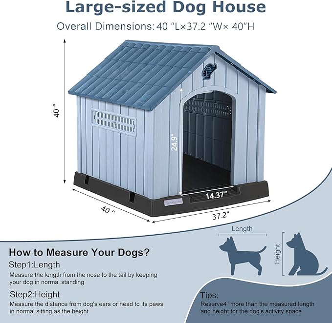 LEMBERI Large Plastic Dog House for Medium Large Dogs, Durable Waterproof Indoor Outdoor Doghouse with Air Vents and Elevated Floor, Easy to Assemble (Blue, 40.7" L x 37.2" W x 40" H)