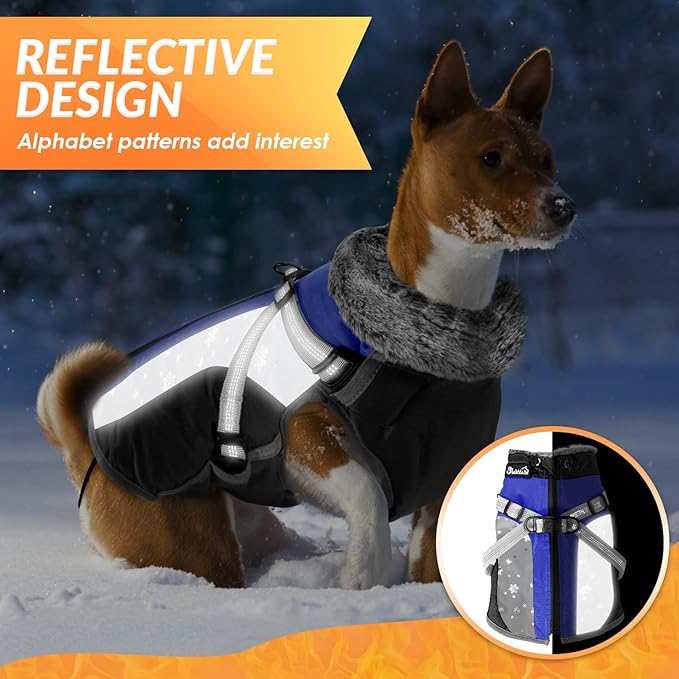 SlowTon Dog Jacket with Harness Built in - Waterproof Fleece Winter Warm Dog Coats for Small Medium Dogs, Reflective Adjustable Furry Puppy Vest Clothes for Outdoor Walking (Blue,L)