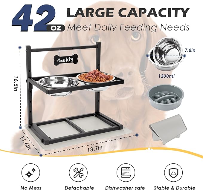 Elevated Dog Bowls with Slow Feeder, 5 Adjustable Heights, Anti-Slip, Durable Metal Frame, Spill Proof Mat, Rust-Resistant Bowls, Easy to Clean