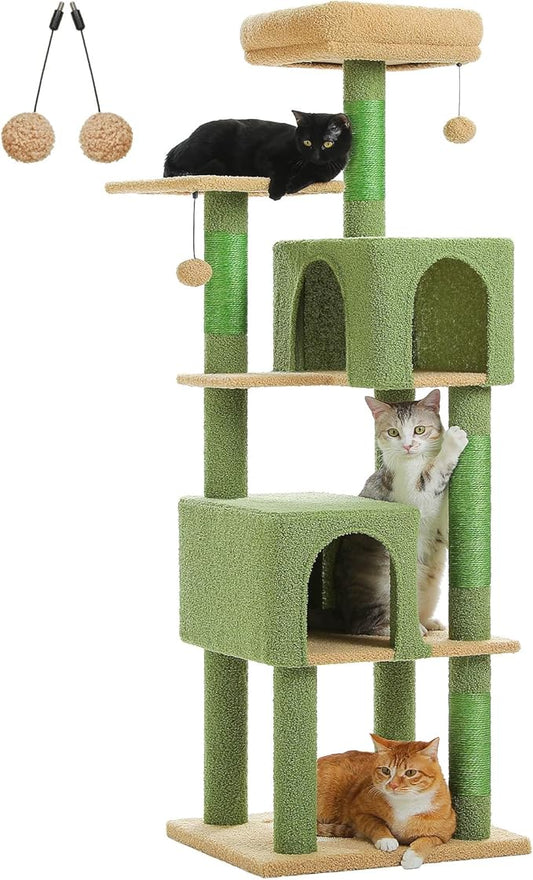 Cactus Cat Tree for Indoor Cats, 62" Multi-Level Cat Tower with 2 Spacious Condos, Scratching Pad, 4 Cat Scratching Posts, 2 Top Perches, 2 Pompoms, Green