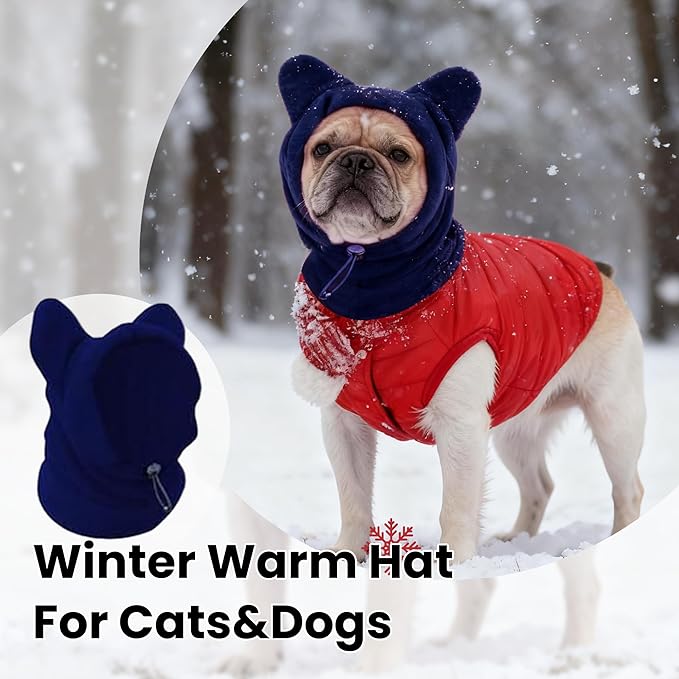 Warm Hooded Hat for Dogs & Cats, Autumn/Winter Wool Pet Headwear with Cute Ears, Adjustable Pet Scarf for Cold Days, Soft Neck Warmer for Small/Medium/Large Pets (Blue, Medium)