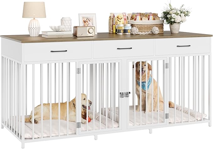 HOSTACK Double Dog Crates Furniture, 71" Wide Indoor Dog Kennel with 3 Drawers, Farmhouse Dog Cage for 2 Large/Medium Dogs, Heavy Duty Dog Crate with Removable Room Divider, Wooden Pet House, White