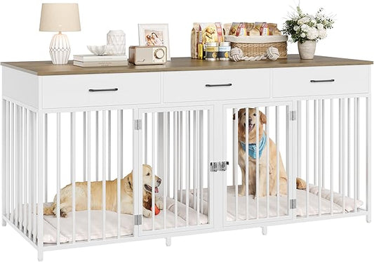 HOSTACK Double Dog Crates Furniture, 71" Wide Indoor Dog Kennel with 3 Drawers, Farmhouse Dog Cage for 2 Large/Medium Dogs, Heavy Duty Dog Crate with Removable Room Divider, Wooden Pet House, White