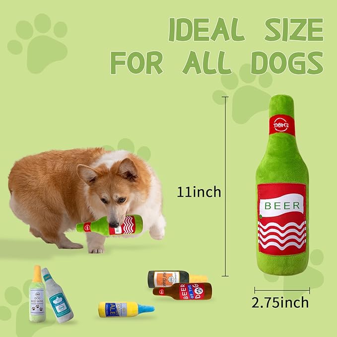Plush Squeaky Dog Toy - Wine Bottle Shape Interactive Chew Toy for Small/Medium/Large Dogs, Stuffed Funny Dog Toys, Ideal for Indoor Home Play & Outdoor Activities, Puppy Birthday Gift (3 Pack)