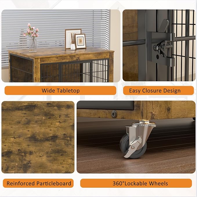 Dog Crate Furniture with Cushion,32" Wooden Dog Crate nightstand with Double Doors, Brown Kennel Indoor with Wheels, Decorative Pet House for Small Medium