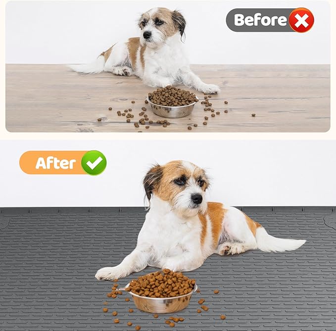 Dog Food Mat, Extra Large 40" x 28" Silicone Pet Feeding Mat with Raised Edge Pet Placemat for Small, Medium, and Large Pets Non-Slip, Easy to Clean (Dark Grey)