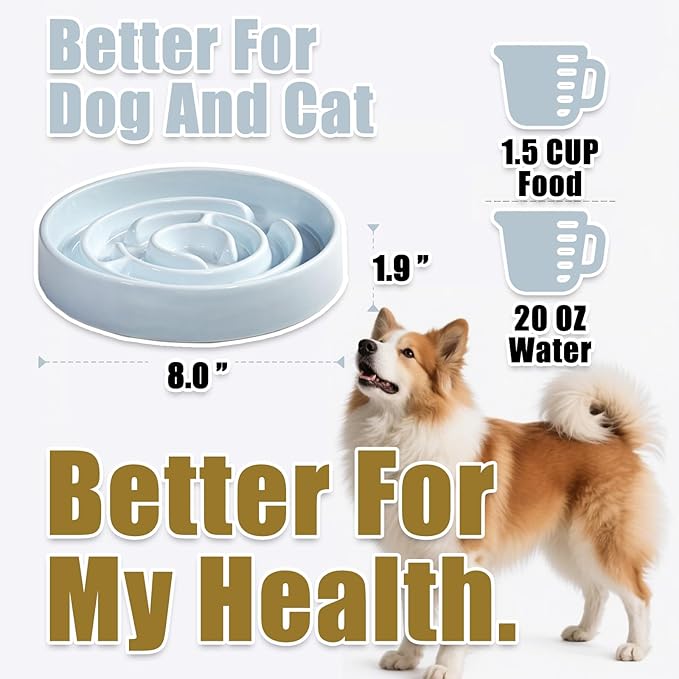 Ceramic Slow Feeder Dog Bowls with Anti-Slip, Slow Feeder & Non-Slip Design, Boredom and Anxiety Reducer, Suitable for All Breed Dogs and Cat (Ceramic-Blue)