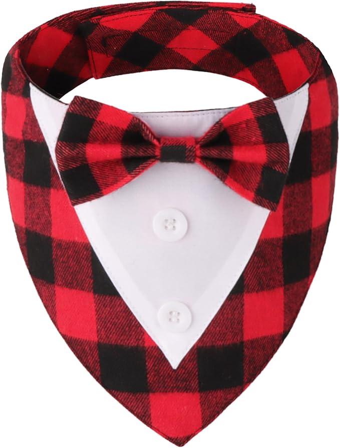 ADOGGYGO Christmas Dog Tuxedo Bandana, Red Plaid Xmas Pet Bowtie Collar, Adjustable Christmas Costumes for Extra Small Dogs (XS)