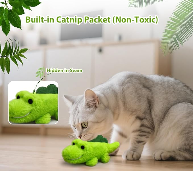 Interactive Cat Toys for Indoor Cats - Self-Charging Croc Chase Toy with 360° Motion, Wagging Tail & Catnip, Automatic Exercise Toy for Bored Kittens/Adults(Long Plush)