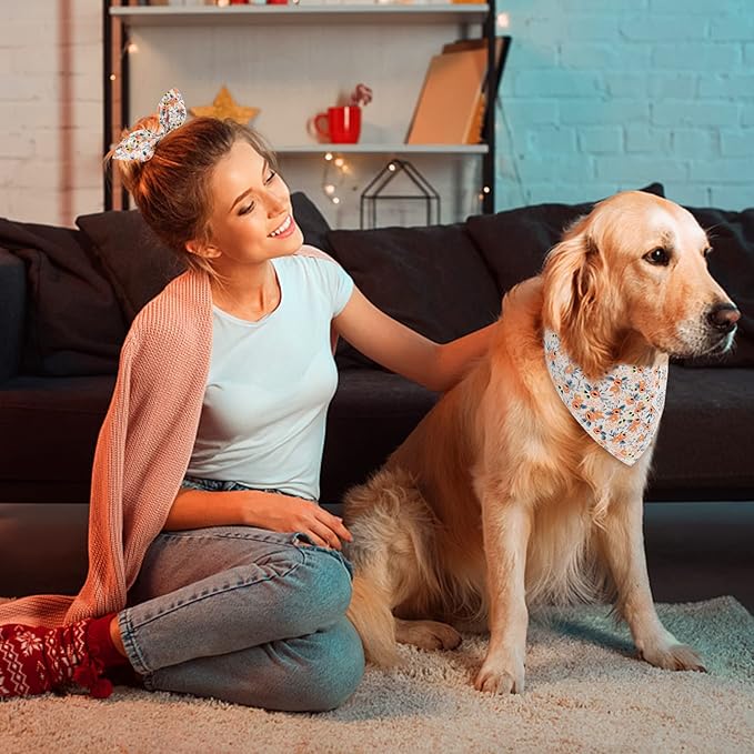 E-Clover Dog Bandanas & Matching Scrunchie Set Cute Flower Dog Scarf Bibs Girl Pet Bandana with Bow Tie for Medium Large Dogs Owner Mom Spring