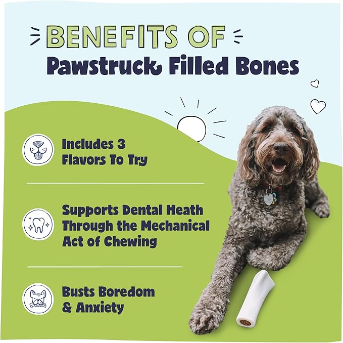 Pawstruck Large 5-6” Filled Dog Bones Variety Pack - Peanut Butter, Cheese & Bacon, Beef Flavors - Made in USA, Long Lasting Stuffed Femur Treat for Aggressive Chewers - Pack of 3, Packaging May Vary