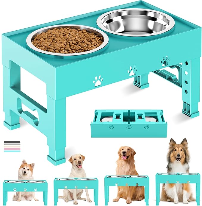 Elevated Dog Bowls with 2 Stainless Steel Bowls, Raised Dog Food Bowl Stand 5 Height Adjustable (3.1", 9", 10", 11", 12") Non-Slip Feeder Set for Medium and Large Dogs - Turquoise