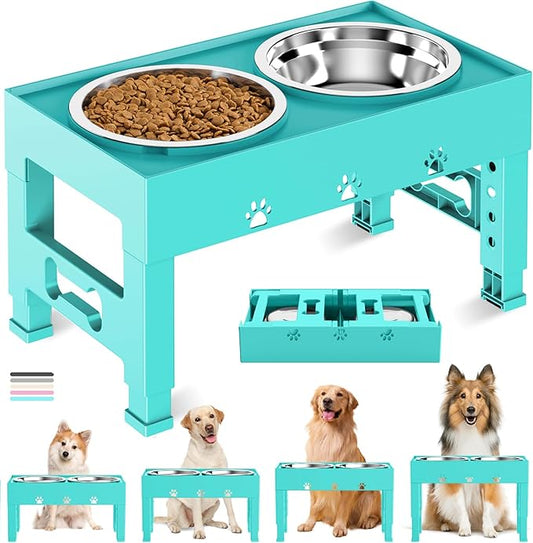 Elevated Dog Bowls with 2 Stainless Steel Bowls, Raised Dog Food Bowl Stand 5 Height Adjustable (3.1", 9", 10", 11", 12") Non-Slip Feeder Set for Medium and Large Dogs - Turquoise
