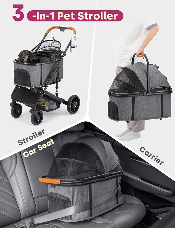 Dog Stroller for Small Medium Dogs Up to 60lbs, 4 Wheels Folding Pet Stroller with Detachable Carrier, Pet Travel Carrier for 2 Dogs & Cats, Storage Basket, Breathable, Grey