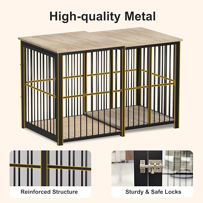 Large Dog Crate Furniture for Large Dogs, Retractable Dog Kennel Furniture, Wooden Dog Kennel Indoor, Heavy-Duty Dog Cage Furniture with 3 Levels of Adjustable Size,45.6" L, XL, Light Brown