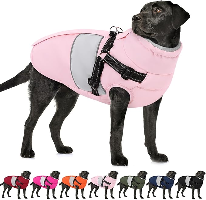 AOFITEE Dog Coat, Large Dog Jacket, Dogs Coat with Harness Built in, Reflective Waterproof Dogs Jackets Winter with Furry Collar, Warm Polar Fleece Pet Sweater Snowsuit for Doberman, Great Dane, XXL