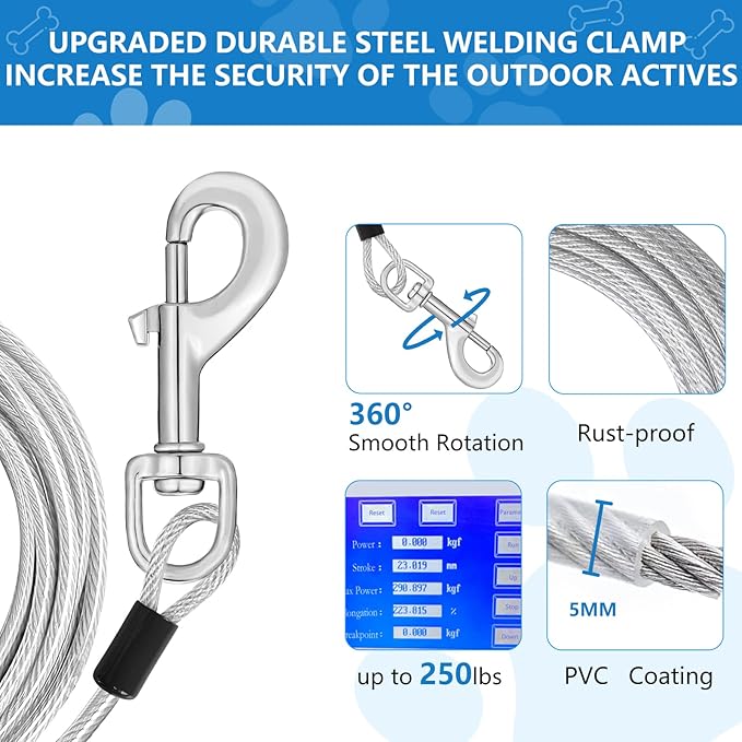 25ft Dog Tie Out Cable, Dog Leash Heavy Duty Tie Out Cable for Large Dogs Up to 125lbs Pull Force, Dogs Runner for Yard Outdoor and Camping, Heavy, Silver