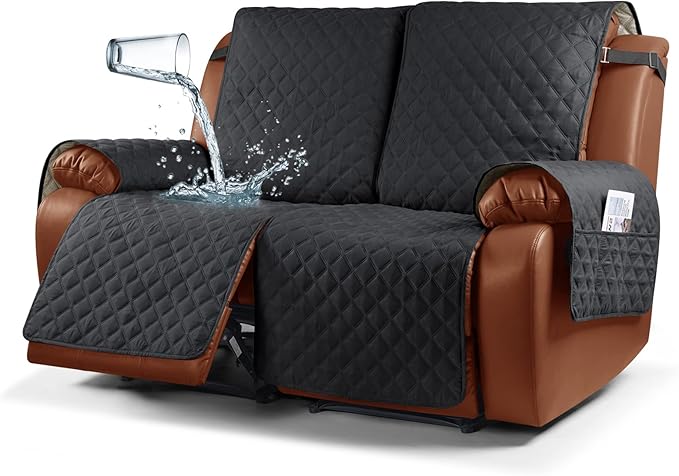 Ruaozz Waterproof Recliner Sofa Cover 1-Piece Couch Covers for Reclining Couches Reclining Sofa Cover Washable Furniture Protector with Elastic Straps Pocket for Kids, Pets (Black, 2 Seater)