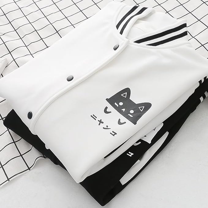Cute Cat Baseball Jacket Hoodie Long Sleeve Casual Sweatshirt Oversized Kawaii Print Pullover Aesthetic Coat for Girl
