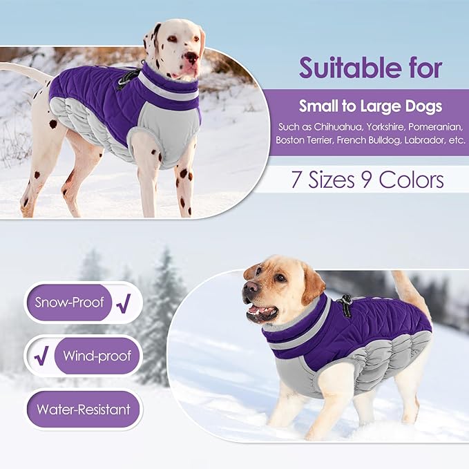 AOFITEE Dog Coat, Warm Dog Winter Coat, Reflective Turtleneck Large Dogs Jacket with Harness Built in, Turtleneck Pet Winter Jacket, Waterproof Pet Snow Jackets Fleece Vest, Purple XL