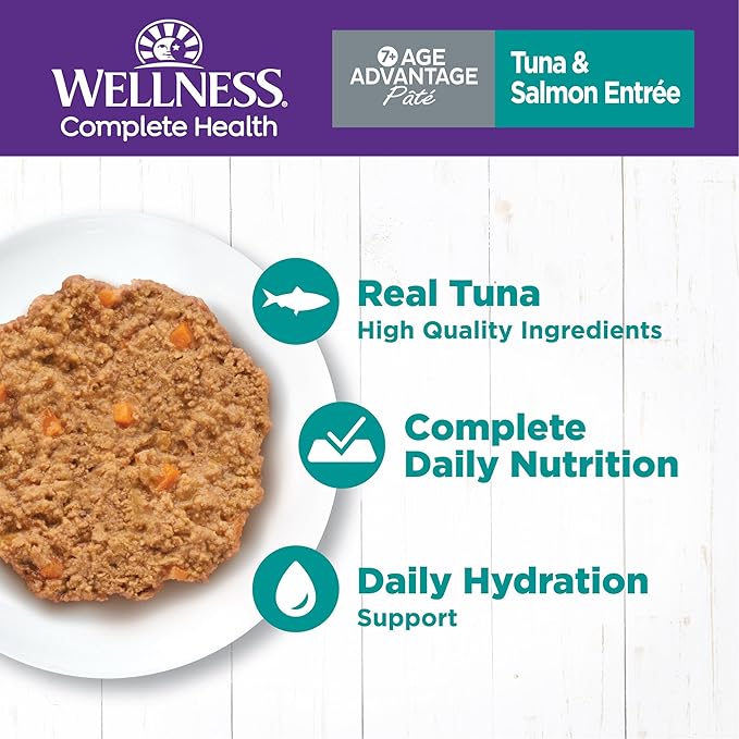 Wellness Complete Health Pate Senior Wet Cat Food, Natural, Protein-Rich, Grain Free, 3 Ounce, 24 Pack, (Tuna & Salmon Age Advantage)