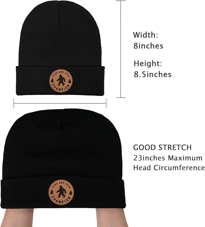 Big Foot Beanie Hat, Sasquatch Leather Patch Winter Knit Skull Cap Bigfoot Gifts for Adult Men Women