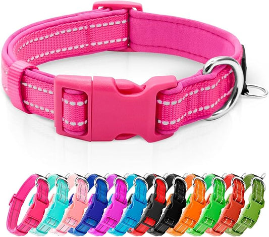 azuza Reflective Dog Collar, Soft Neoprene Padded Pet Collar with ID Tag Ring, Adjustable for Small Dogs,Hot Pink,S