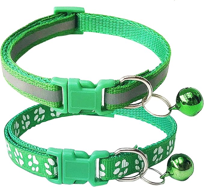 CHBORCHICEN 2-Pack Footprint & Reflective Cat Collar with Bell Basic Dog Cat Collar Buckle Adjustable Polyester Cat Dog Collar or Seatbelts (Small, Green)
