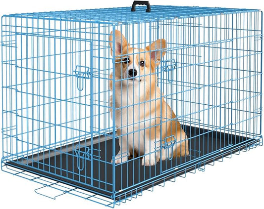PayLessHere Medium Dog Crate Kennel 30 inches Metal Dog Cage Double-Door Folding Travel Indoor Outdoor Puppy Playpen with Divider and Handle Plastic Tray,Blue