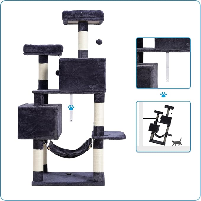 Hey-brother Large Multi-Level Cat Tree Condo Furniture with Sisal-Covered Scratching Posts, 2 Bigger Plush Condos, Perch Hammock for Kittens, Cats and Pets Smoky Gray MPJ020G