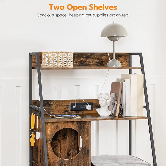 HOOBRO Litter Box Enclosure with 2 Storage Shelves, Tall Litter Box Furniture Hidden with Charging Station, Indoor Hidden Litter Box Furniture with Plush Mat, Rustic Brown and Black BF70UMW01