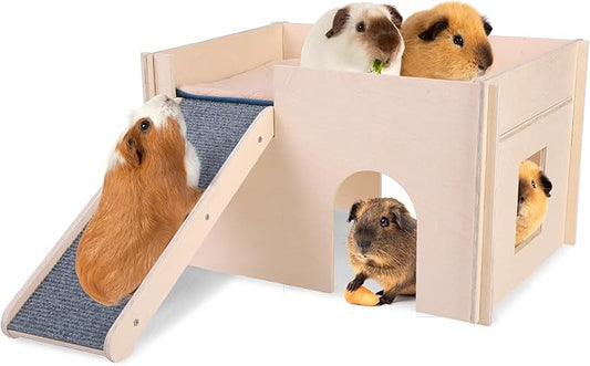 PAWCHIE Wooden Guinea Pig Hideout with Pee Pad Set, Detachable Small Animal House Bed Hut Habitats with Stairs and Windows, Bunny Hideout Castle for Indoor Hamsters Chinchilla Gerbil Playing Hiding
