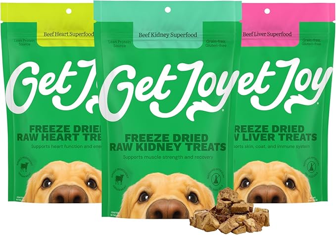 Get Joy Freeze Dried Superfood 100% Beef Heart, Kidney, Liver Dog Treats Variety Pack, 4 Ounce (Pack of 3), Single Ingredient Organ Meat, High Protein, Grain Free, Gluten Free, Made in USA