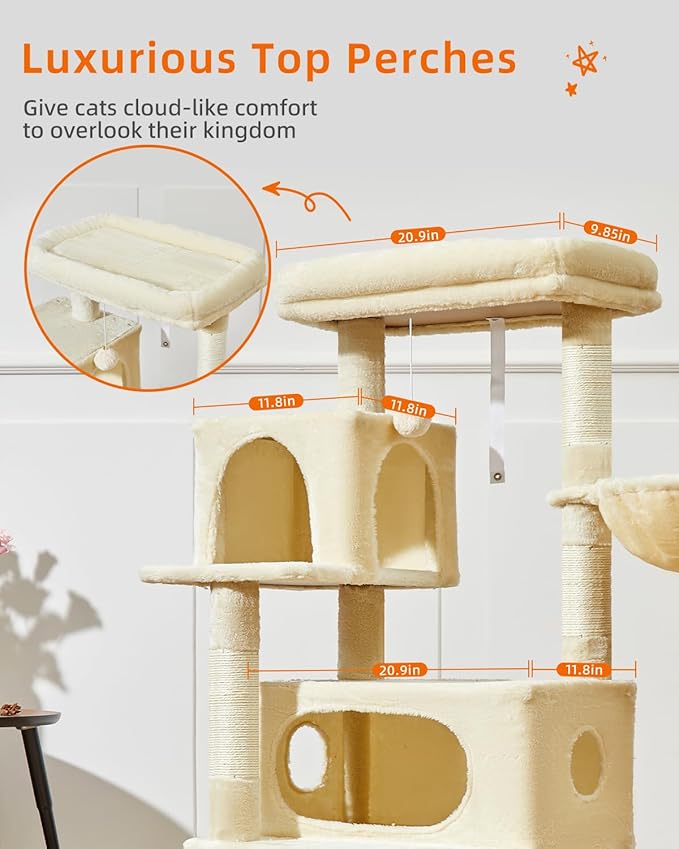 Taoqimiao Cat Tree,49-Inch Cat Tower for Indoor Cats,2 Luxurious cat condo with Adjustable Large Hanging Baskets and Large Luxurious Perch Beige MS029LM