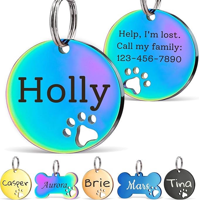 Anavia Paw Print Pet ID Tags, S/M/L Personalized Color Plated Stainless Steel Cat Dog Tags, Customized Engraved Glossy Dog Name Tag Pet Collar Tag (Rainbow, Round-Large)