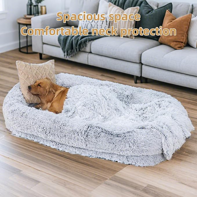 Human Dog Bed, 71''x45''x12'' Size Fits Adult and Pet Washable Giant People DogBed 10 CM Thick Memory Foam Large Oversize Dog Bed with Plump Pillow, Blanket, Strap - Grey