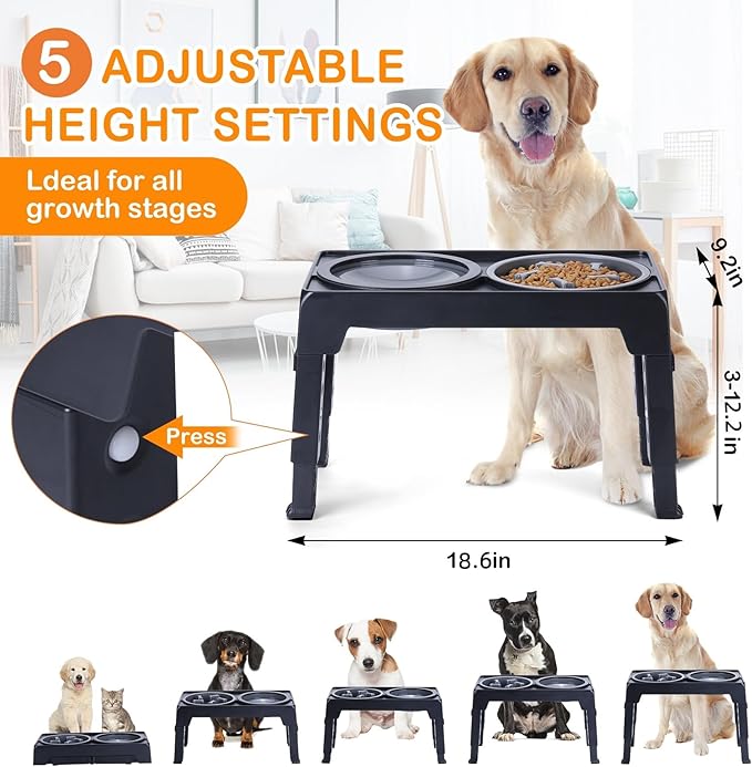 Elevated Dog Bowls, Raised Dog Bowl with 2 Stainless Steel Dog Food Bowls, Dog Bowls Stand Adjusts to 5 Heights 2.95", 8.46", 9.65", 10.82", 12.01" for Small Medium Large Dogs Cats Pets,Black