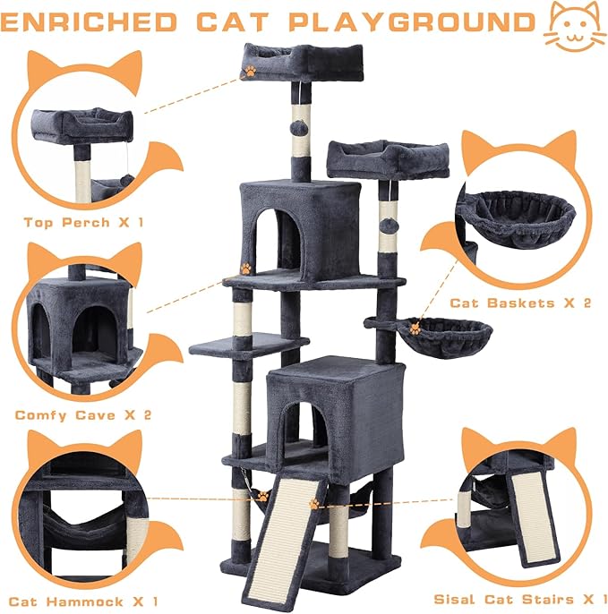 Cat Tree, 70-Inch Cat Tree Tower with Hammock, Scratching Post, Condo and Multi-Level Cat Tower, Large Cat Activity Center Playhouse, Dark Gray LCT015