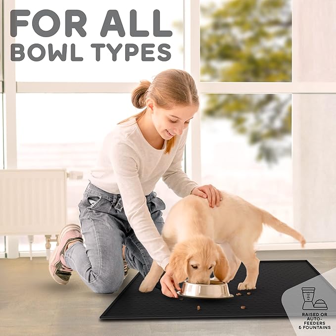 Dog Food Mat - 28x18 Raised Edges Dogs Mat for Food and Water Prevent Spill, Waterproof Cat Food Mats Protect Floors, Easy Clean Dog Bowl Mats for Food and Water, Silicone Pet Feeding Placemats