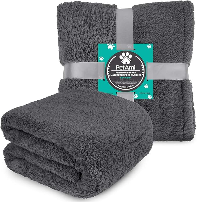 PetAmi Fluffy Waterproof Dog Blanket for Bed Large Dogs, Soft Warm Pet Sherpa Throw Pee Proof Couch Cover, Reversible Cat Blanket Sofa Crate Kennel Protector, Washable Mat (Grey, 60x80)