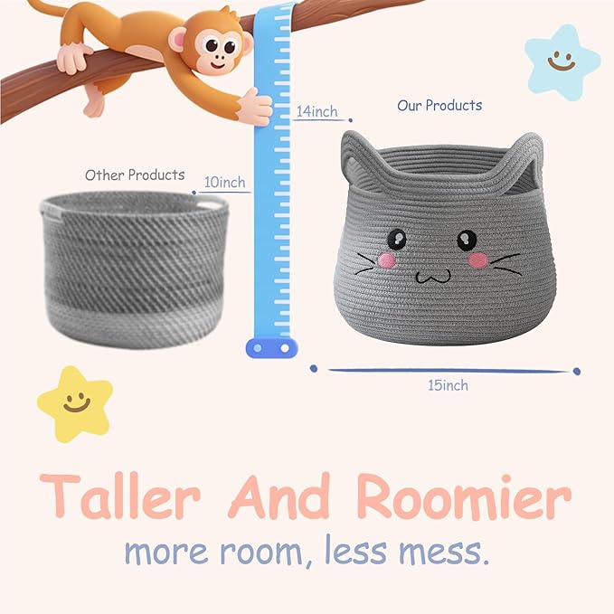 OMERAI Animal Cat Basket, Cute Cotton Rope Woven Large Blanket Basket, Toy Storage for Nursery decor and Laundry Organizer with Handles, baby hamper shower gift, 15"D x 12.6"H, Grey Open Eyes