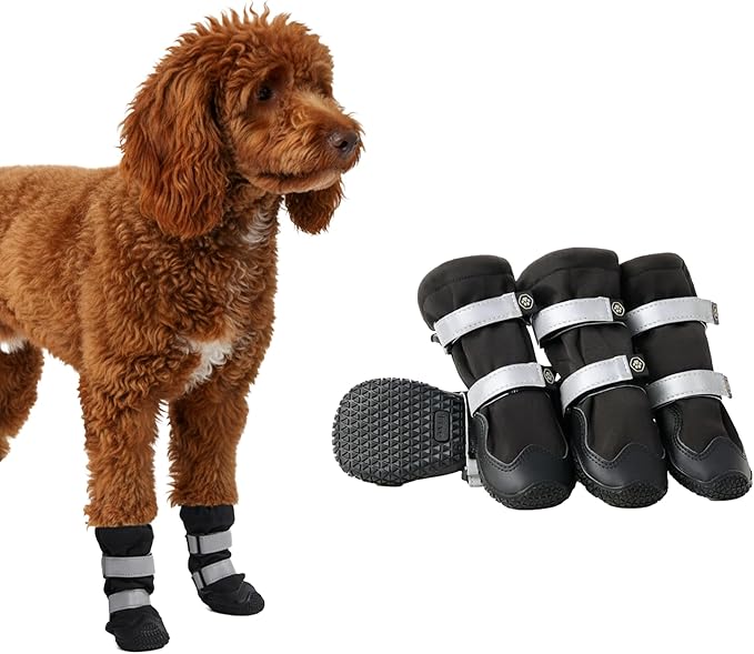 Spark Paws Dog Shoes, Waterproof Dog Boots for Medium to Large Dogs, Non Slip, Breathable Dog Booties and Paw Protectors - 4PCS Doggie Hiking Boots with Reflective Straps - Black - Size 4