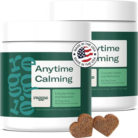 Reggie Anytime Calming Chews for Dogs | Natural Anxiety Relief with L-Theanine & Magnolia Barks | Calming Dog Treats for Separation Anxiety, Thunderstorms, Travel & Stress | 120 Soft Chews