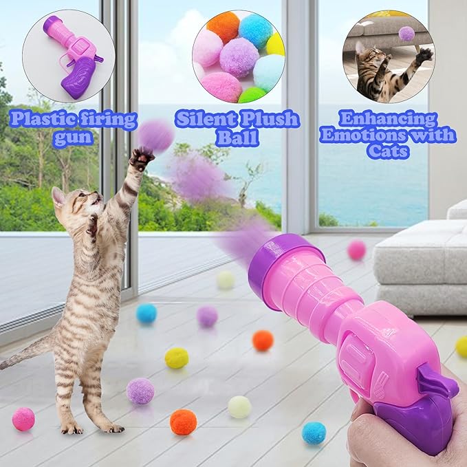 Andiker Cat Toy Balls Set, 30pcs Plush Cat Pom Pom Balls&a Plastic Launcher Set for Kitten Catch&Fetch Interactive Cat Toy with Colorful&Soft Cat Balls for Indoor Cats to Keep Fit (Pink 100balls)