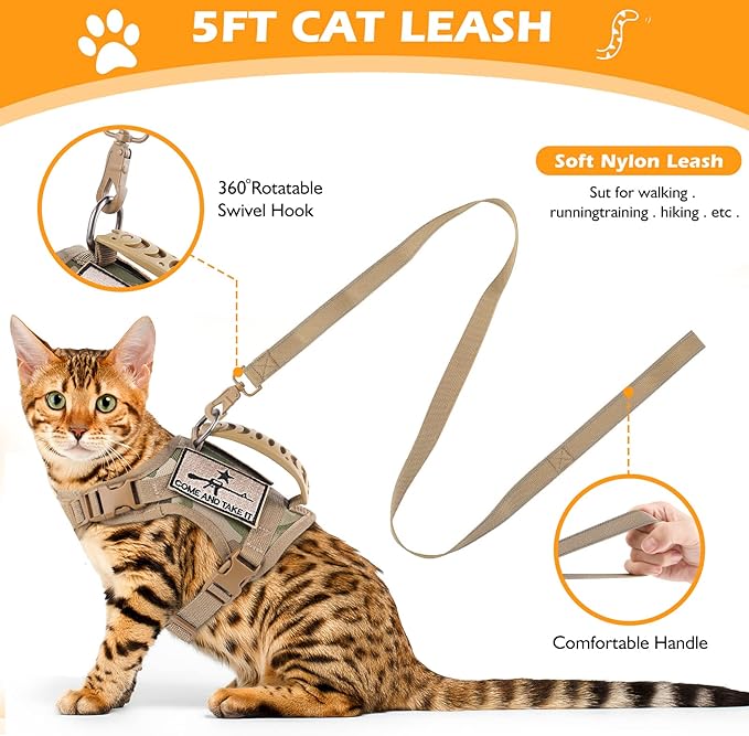 Tactical Cat Harness and Leash Set for Walking Escape Proof, Adjustable Large Cat Vest Harness with Molle Patches, Soft Mesh Padding, Rubber Handle Easy to Control (Large, Beige)