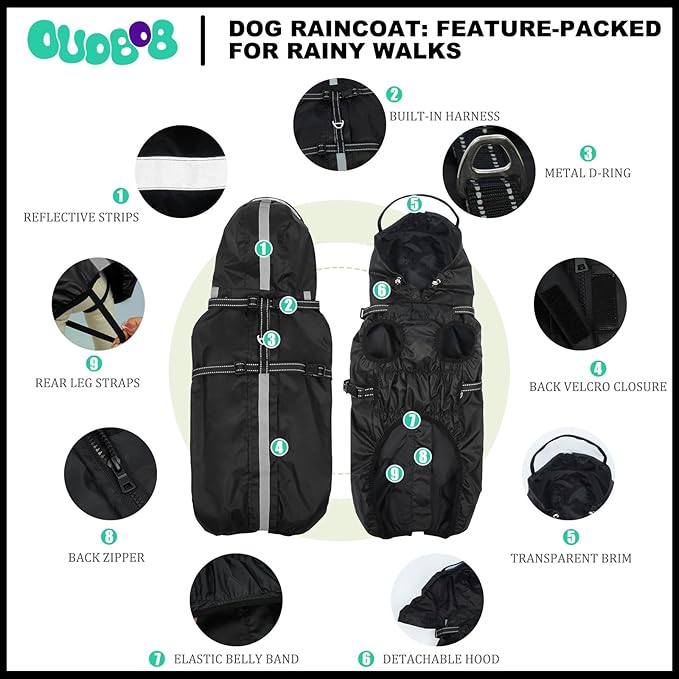 Dog Raincoat XL, Waterproof Rain Jacket for Dogs with Adjustable Built-in Harness & Back Zipper, Reflective Strip, Removable Hood,for Rainy Walks, Muddy Roads or After-Bath Outings - Black